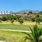 A golf course with palm trees and mountains in the background, located near Townhouse Estepona.