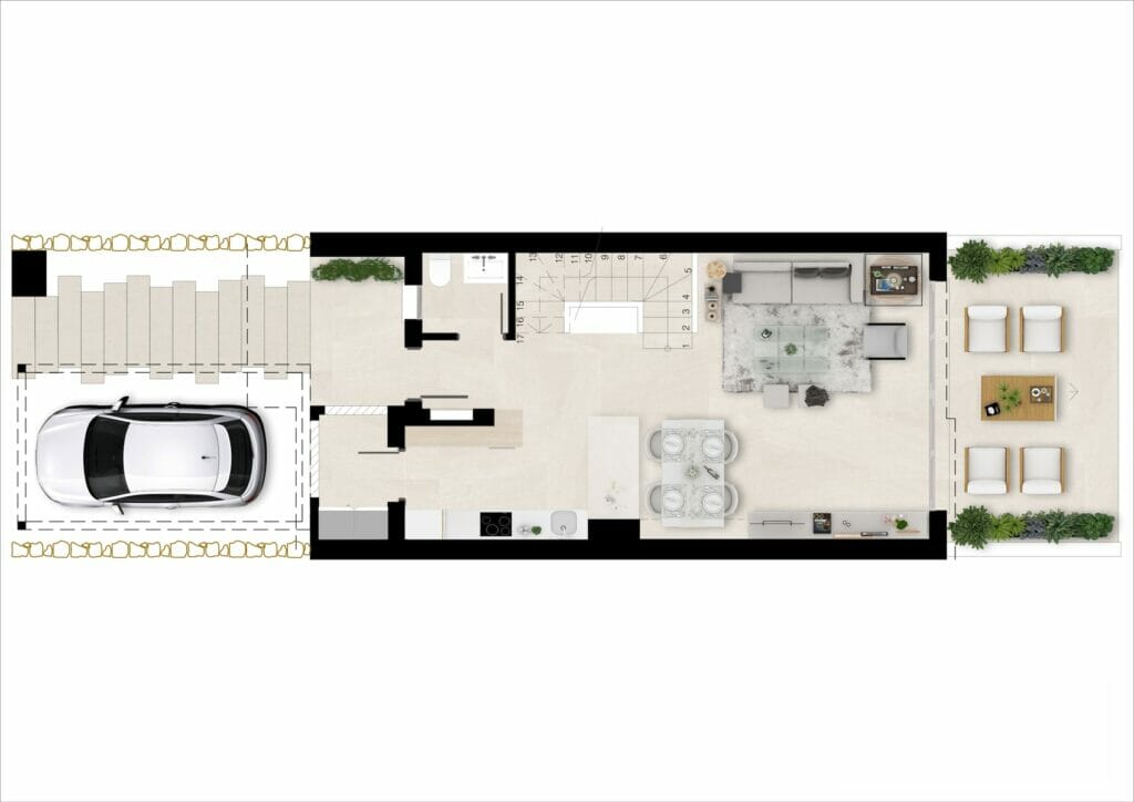 A floor plan of a two-bedroom townhouse in Estepona with a car.