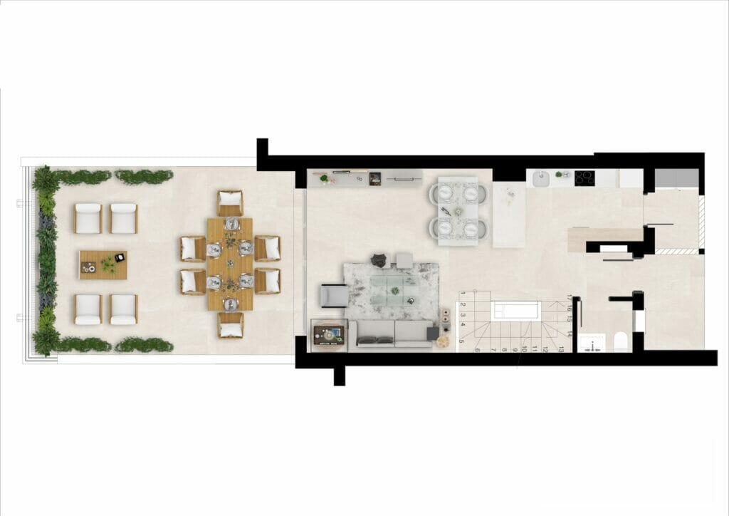 A floor plan of a townhouse apartment with a living room and dining area.