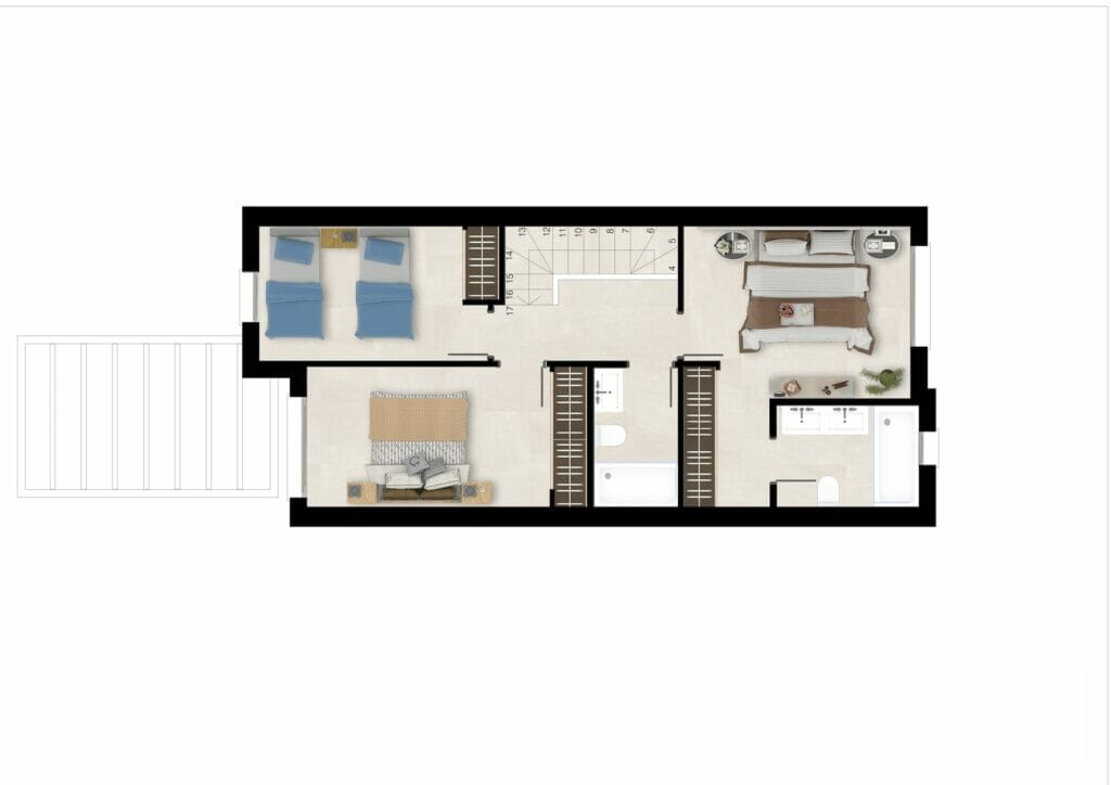 A floor plan of a two-bedroom townhouse.