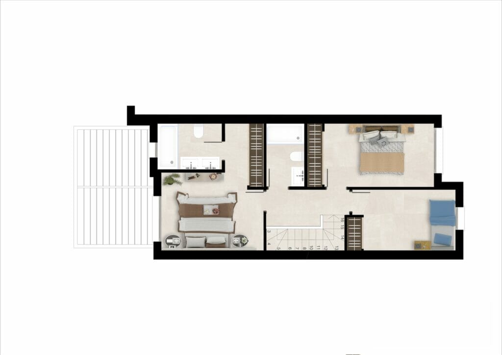 A floor plan of a two-bedroom townhouse apartment.