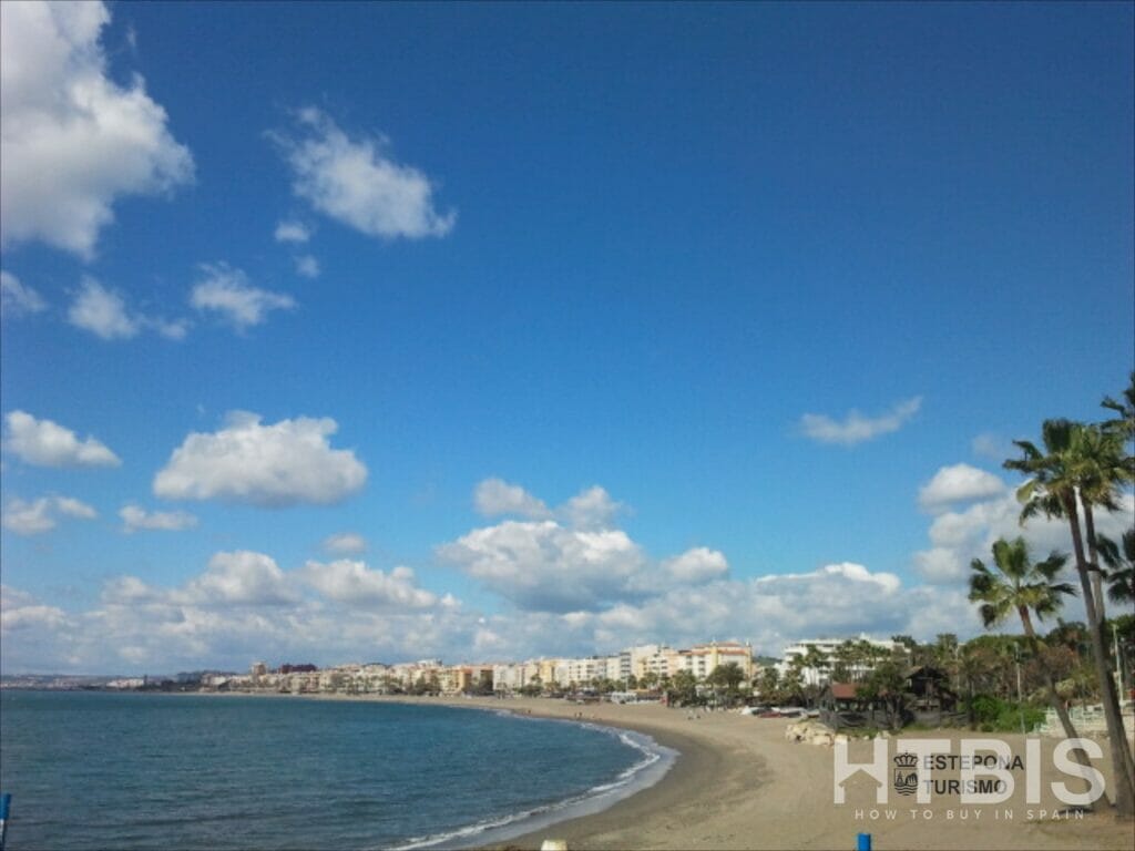 A beach near a townhouse in Estepona, with palm trees and a blue sky.