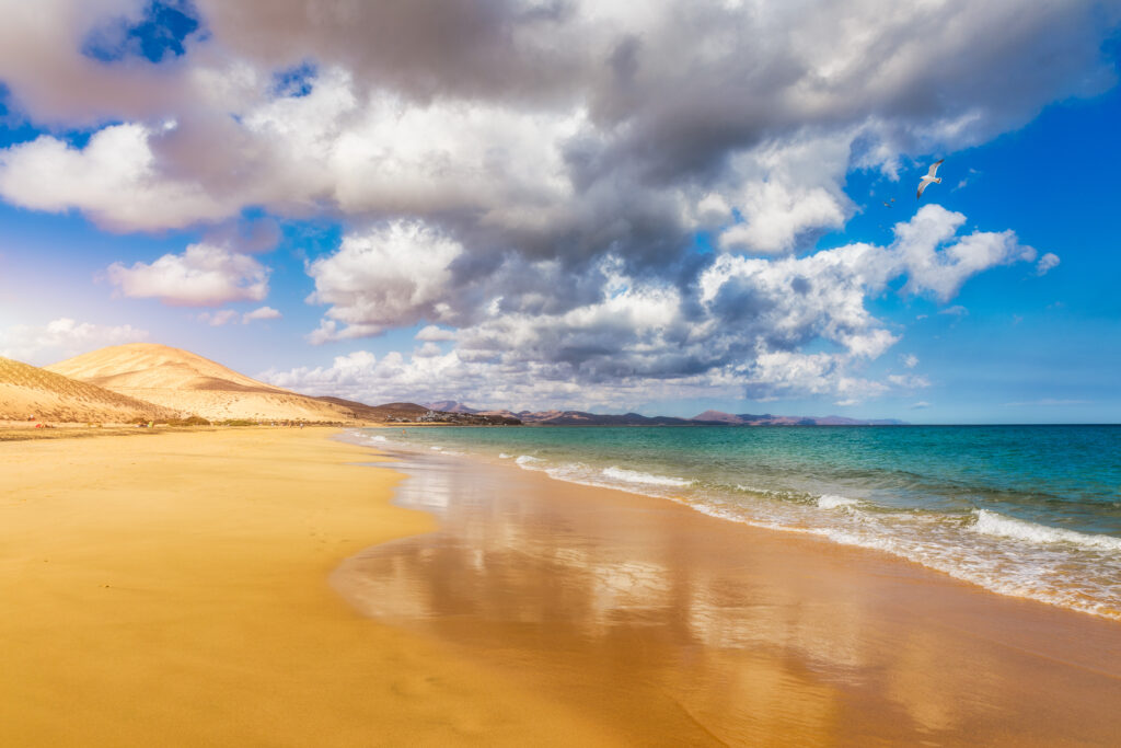 Discover the Spanish Costas with a sandy beach where gentle waves roll under a partly cloudy sky. Hills and distant buildings paint the shoreline with charm, inviting exploration of nearby cities.