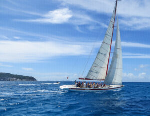 A large single hull sailboat with numerous people on board glides through blue ocean waters under a clear sky with an island in the background, embodying the excitement of America's Cup 2024.