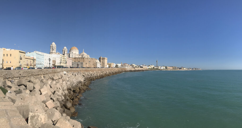 Panoramic view of a coastal city on the Costa Blanca, with a stone waterfront, showing buildings with domes and towers under a clear blue sky, with the sea in the foreground.