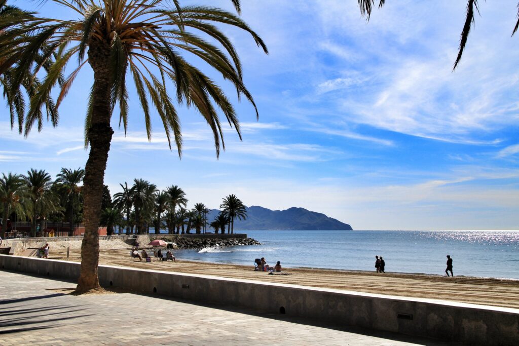 A beach scene on the Costa Calida, Murcia, Masarron, with palm trees, a few people sitting and walking on the sandy shore, and a mountainous background under a partly cloudy sky.