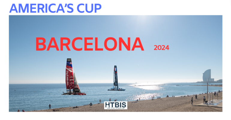 Two sailboats on the sea near a beach with the text "America's Cup Barcelona 2024" and a cityscape in the background, highlighting America's Cup races.