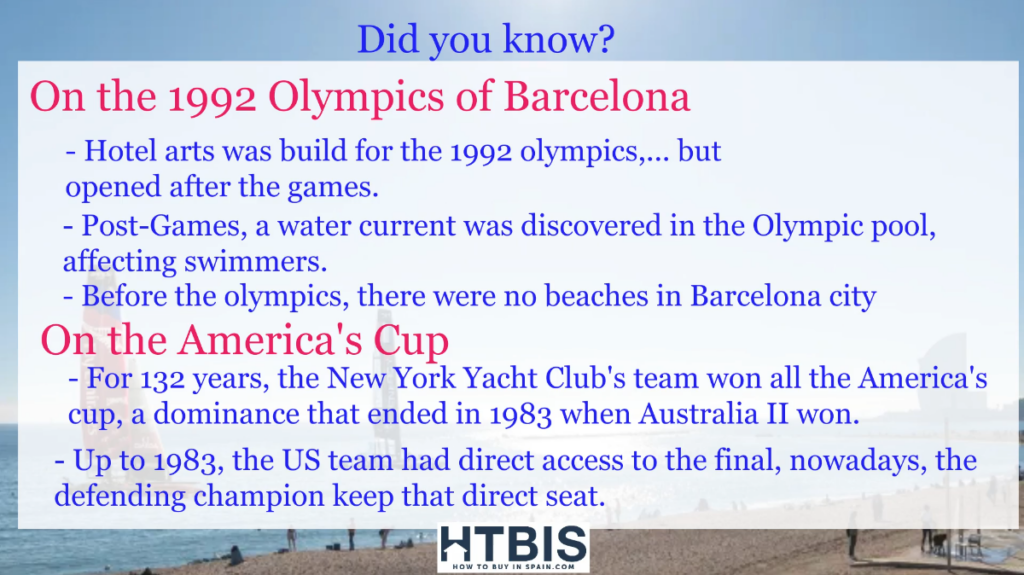 Information board displaying facts about the 1992 Olympics of Barcelona and the America's Cup Races, mentioning no beaches in Barcelona before the Olympics and dominance of the New York Yacht Club.