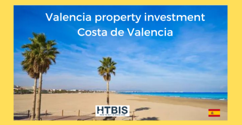 Beach scene in Valencia with palm trees and blue sky. Text reads: "Valencia property investment Costa de Valencia." A subtle nod to the enticing Costa Dorada property for sale completes the picture. Spanish flag icon included.