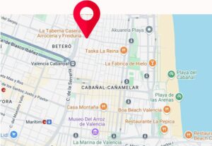 Map showing streets and locations in Valencia, Spain, with a red location pin near "La Taberna Casera." Nearby landmarks include beaches and diverse restaurants. Ideal for exploring or even considering Costa Dorada property for sale in the vibrant area.