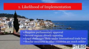 Coastal town view with a text box overlay. Heading: "1. Likelihood of Implementation." Details: parliamentary approval needed, regional opposition, likely legal challenges amid concerns about Spanish mortgage rates for non-residents and milder measures abroad.