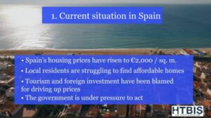 Aerial view of a coastal city in Spain with text overlay summarizing Spain's rising housing prices, the impact of mortgage rates, and challenges faced by local residents due to tourism and foreign investment.