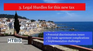 Scenic coastal town with buildings and sea view; overlaid text discusses legal hurdles for a new tax, including discrimination issues, EU trade complications, and implementation challenges, while locals express concerns about the impact on Spanish mortgage rates.