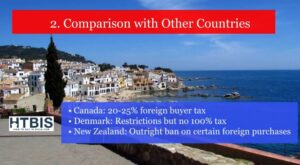 Coastal town with white buildings and a blue sea. Text box: "Canada: 20-25% foreign buyer tax, Denmark: Restrictions, New Zealand: Outright ban on certain foreign purchases. Note: Spanish mortgage rates for non-residents might also influence your coastal home dreams.