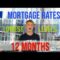 A person stands before a sleek building with a sign proclaiming "Mortgage Rates Lowest Levels 12 Months," accompanied by arrows pointing downward, reflecting the promising landscape for Spanish mortgage rates for non-residents.