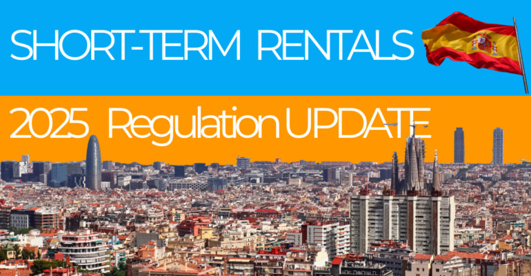 Skyline view of a city with text: "2025 Spain Short-Term Rental Regulation Update" next to a Spanish flag.